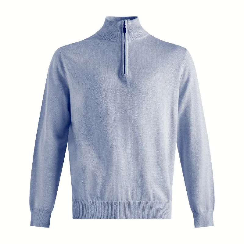 Men's Sweaters with Cable PatternsCotton and Silk Blend Quarter-Zip Mock Neck Elbow Patch Sweater in Blueberry by Viyella