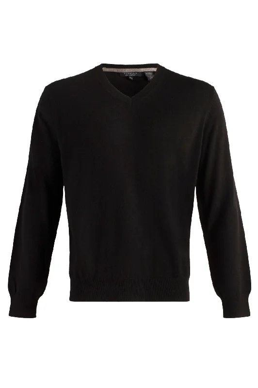 Stylish Men's Turtleneck SweatersCotton and Silk Blend Elbow Patch V-Neck Sweater in Black by Viyella