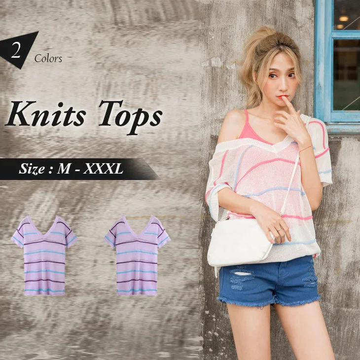 Men's Sweaters with Drawstring WaistbandsSHORT SLEEVE STRIPED KNITSWEAR TOPS