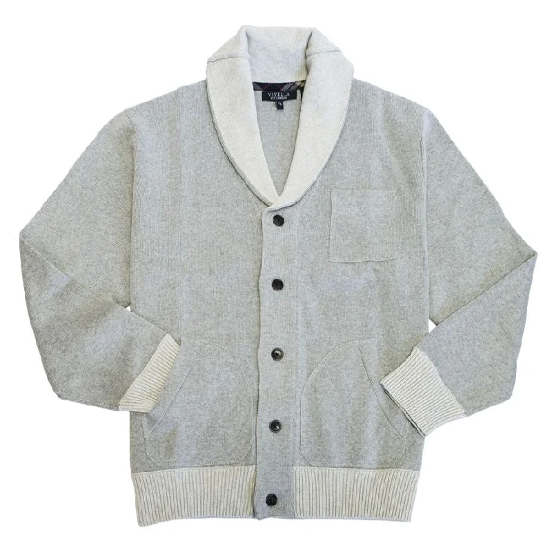 Chic Men's Cashmere SweatersCotton Shawl Collar Two-Tone Button-Front Cardigan Sweater in Grey by Viyella Chic Men's Cashmere SweatersCotton Shawl Collar Two-Tone Button-Front Cardigan Sweater in Grey by Viyella