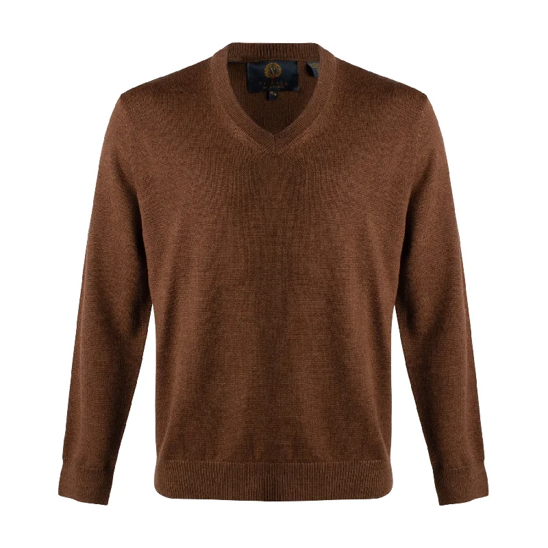 Fashionable Men's Crew-Neck SweatersExtra Fine 'Zegna Baruffa' Merino Wool V-Neck Sweater in Brown Melange by Viyella Fashionable Men's Crew-Neck SweatersExtra Fine 'Zegna Baruffa' Merino Wool V-Neck Sweater in Brown Melange by Viyella
