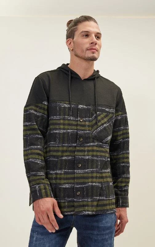 Men's Hoodies for Every OccasionButton Down Plaid Flannel Pullover Hoodie - Green Black
