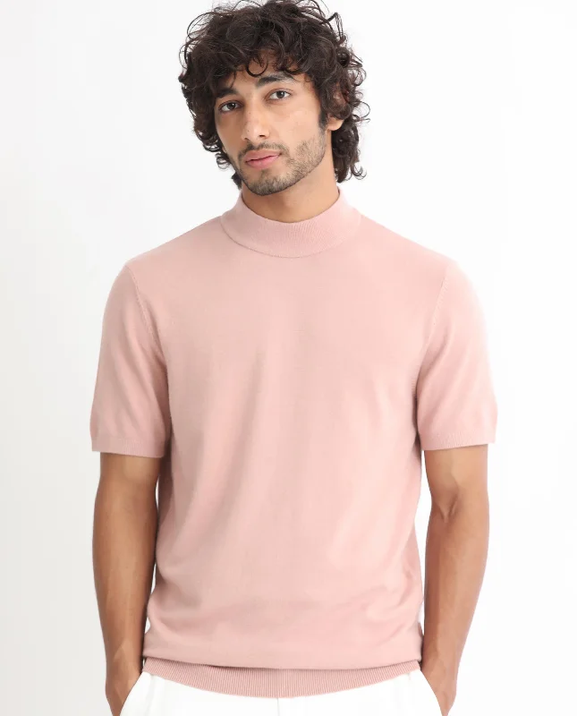 Men's Shirts with Embellished SleevesRare Rabbit Men's Alfet Peach Half Sleeves High Neck Knitted T-Shirt Men's Shirts with Embellished SleevesRare Rabbit Men's Alfet Peach Half Sleeves High Neck Knitted T-Shirt