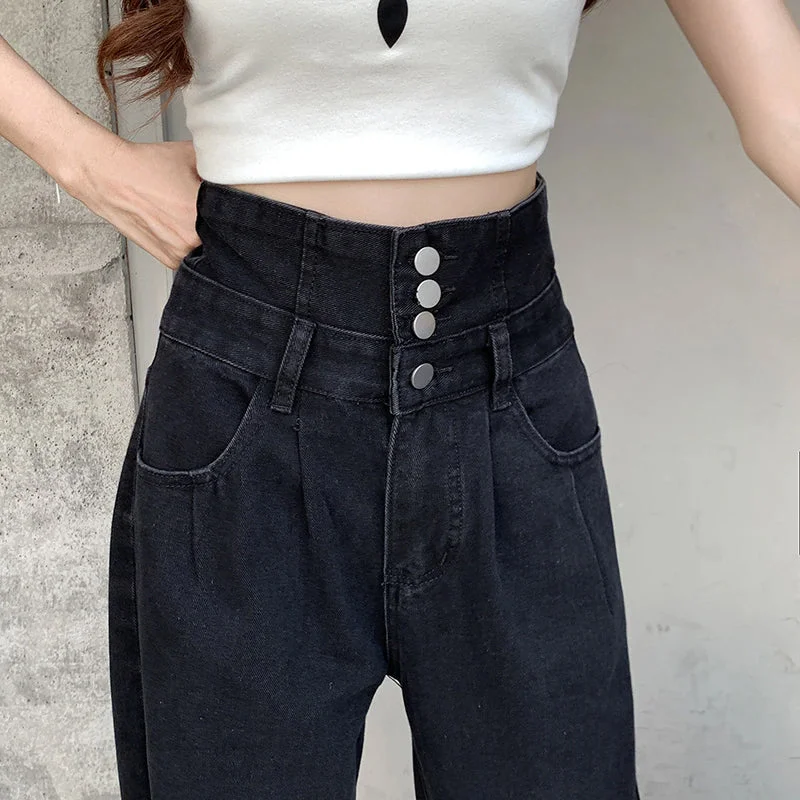 Baggy Men's JeansKittenAlarm - High Waist Extended Button Black Long Jeans Pants