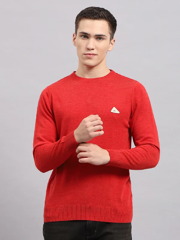 Men's Sweaters with SequinsMen Red Solid Round Neck Full Sleeve Pullover
