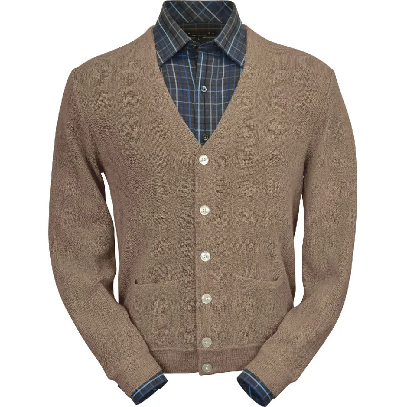 Men's Sweaters with Patch PocketsBaby Alpaca 'Links Stitch' V-Neck Cardigan Sweater in Taupe Heather by Peru Unlimited Men's Sweaters with Patch PocketsBaby Alpaca 'Links Stitch' V-Neck Cardigan Sweater in Taupe Heather by Peru Unlimited