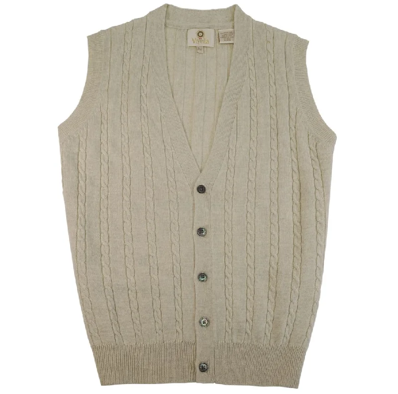 Men's Sweaters with Ribbed HemsExtra Fine 'Zegna Baruffa' Merino Wool Button-Front Cable Knit Sleeveless Sweater Vest in Beige Melange by Viyella Men's Sweaters with Ribbed HemsExtra Fine 'Zegna Baruffa' Merino Wool Button-Front Cable Knit Sleeveless Sweater Vest in Beige Melange by Viyella