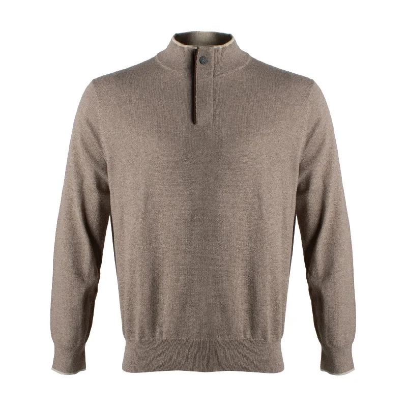 Layered Men's Vest SweatersCotton and Cashmere Mock Neck Elbow Patch Sweater in Beige by Viyella Layered Men's Vest SweatersCotton and Cashmere Mock Neck Elbow Patch Sweater in Beige by Viyella