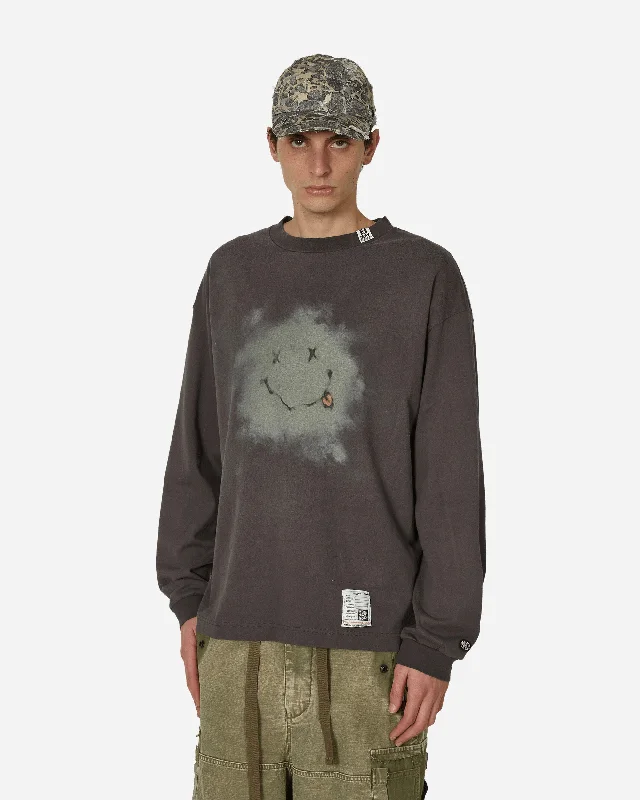 Distressed Smiley Face Printed Longsleeve T-Shirt Black