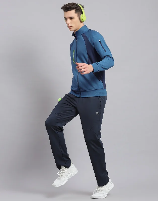 Men Blue Solid Stand Collar Full Sleeve Tracksuit