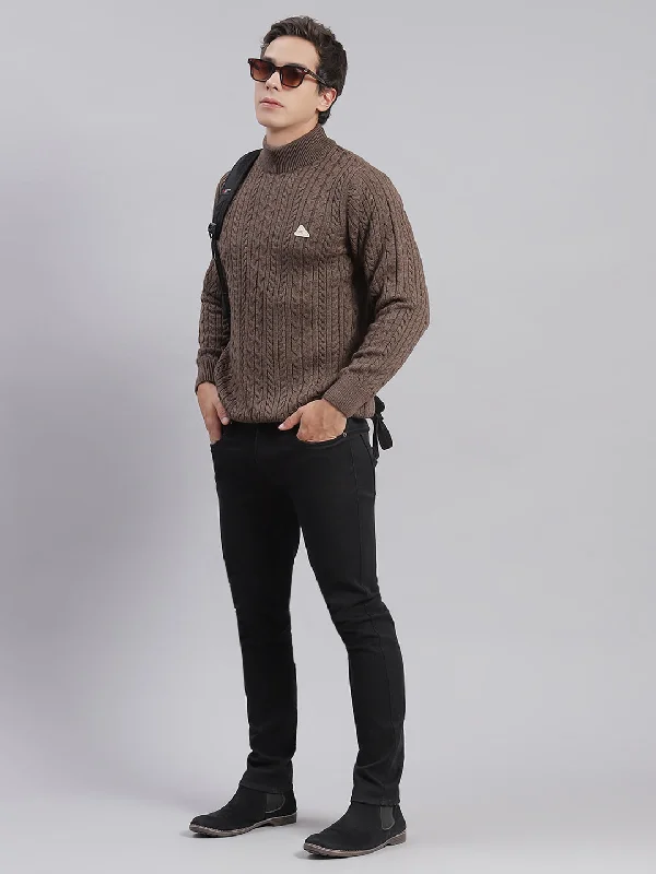 Men Brown Self Design T Neck Full Sleeve Sweaters/Pullovers