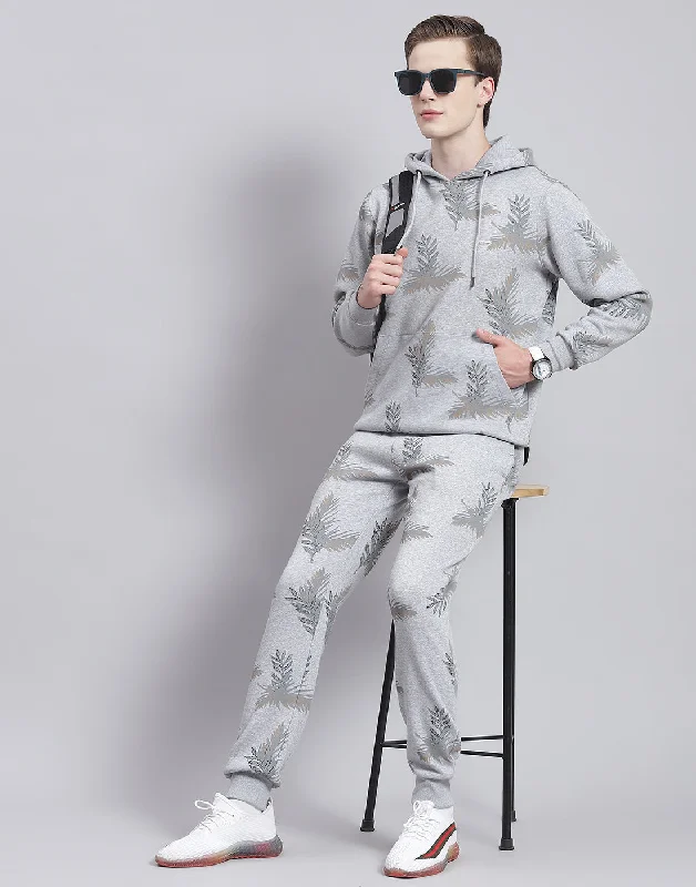 Men Grey Printed Hooded Full Sleeve Tracksuit