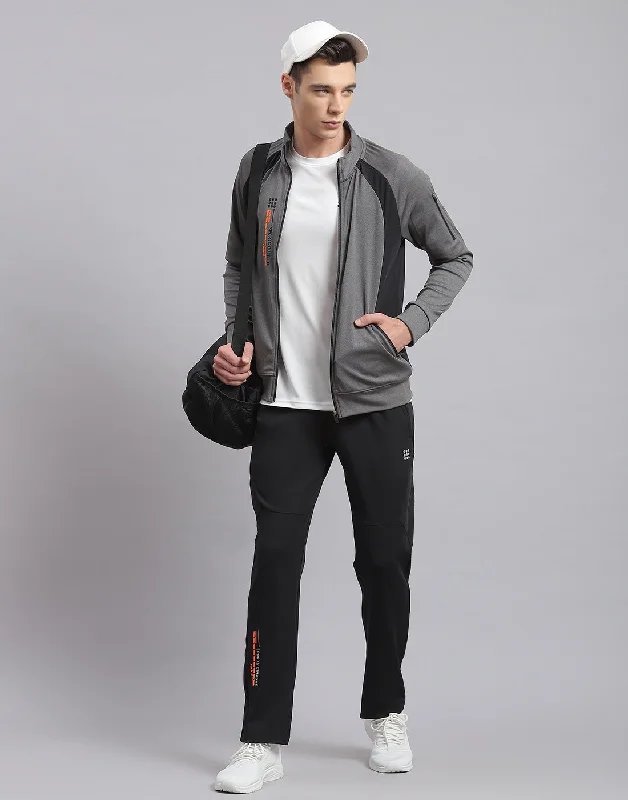 Men Grey Solid Stand Collar Full Sleeve Tracksuit