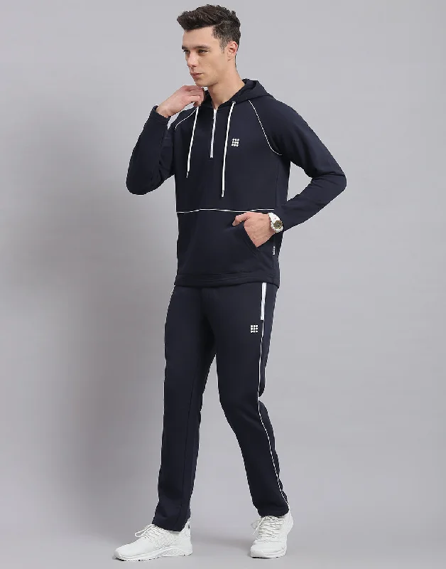 Men Navy Blue Solid Hooded Full Sleeve Tracksuit