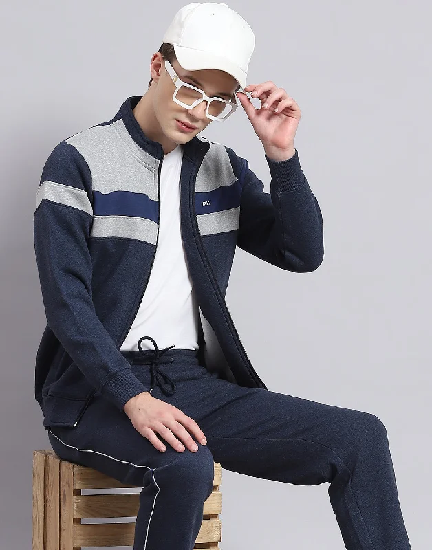 Men Navy Blue Solid Stand Collar Full Sleeve Tracksuit