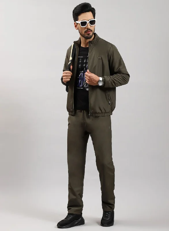 Men Olive Solid Cotton Blend Tracksuit