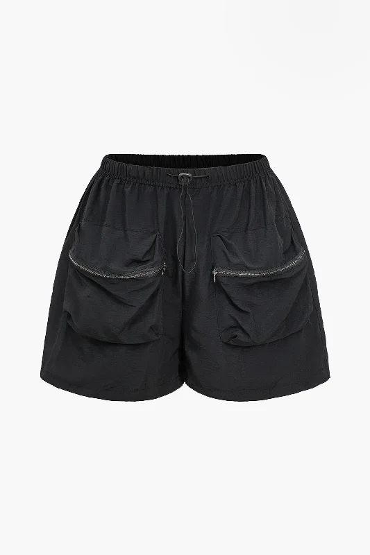 Solid Pocket Drawstring Zipper Shorts