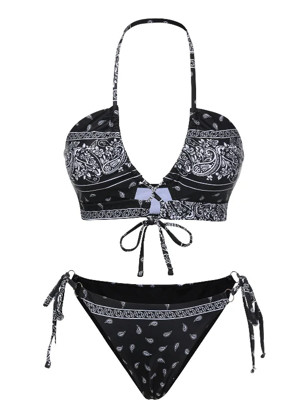 Black 1930s Cashew Flowers Lace-Up Bikini Set