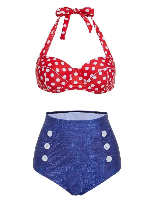 1950s Retro Polka Dot Halter Bikini Swimsuit