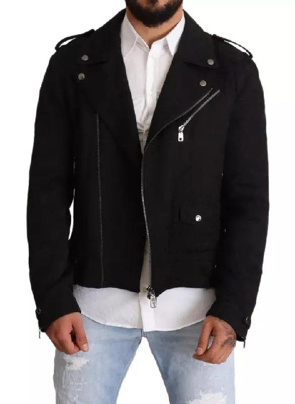 Unique Men's Flight JacketsBlack Brocade Full Zip Biker Coat Jacket