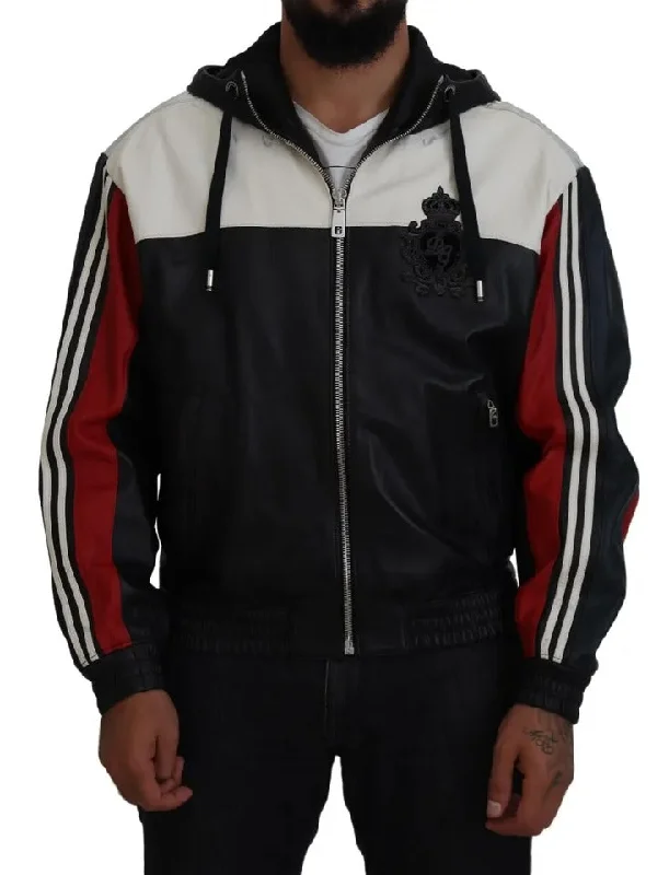 Men's Coats for Formal EventsBlack Leather Hooded Blouson Coat Jacket