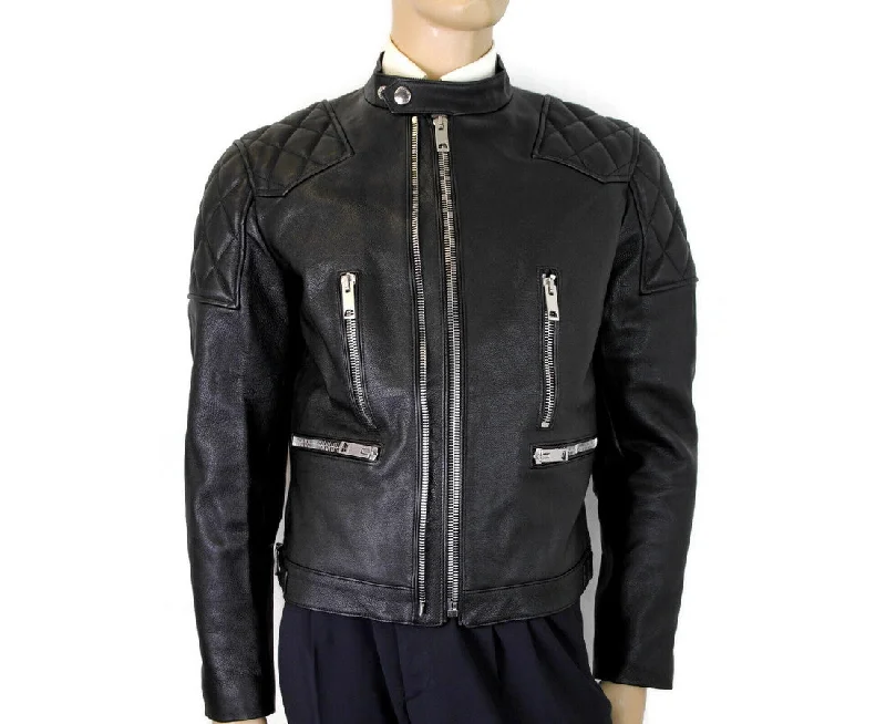 Men's Coats for TravelBurberry Men's Black Leather Diamond Quilted Biker Jacket