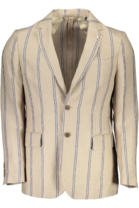 Men's Coats with Embroidered DetailsBeige Linen Men Jacket