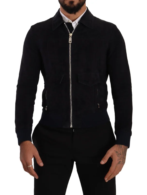 Men's Coats for Skinny MenElegant Blue Suede Short Jacket