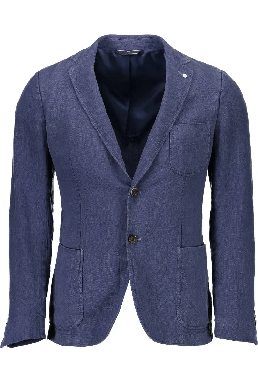 Men's Coats with Contrast StitchingBlue Linen Men Jacket