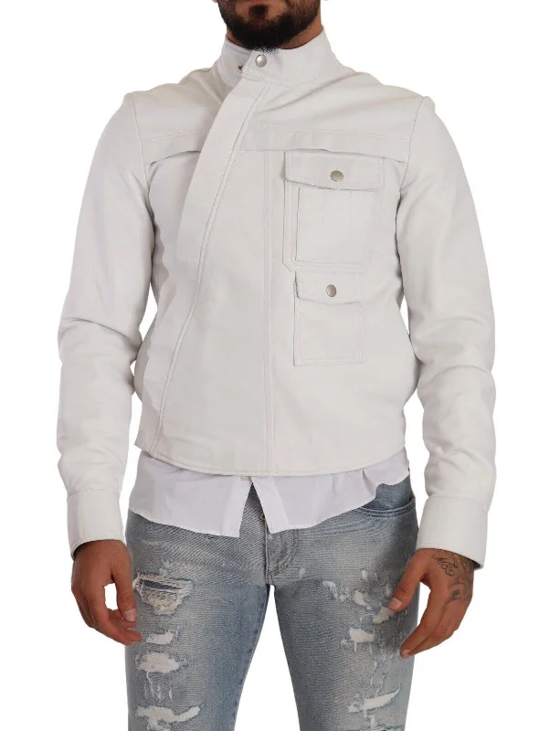Men's Coats with HoodsExquisite White Leather Biker Jacket