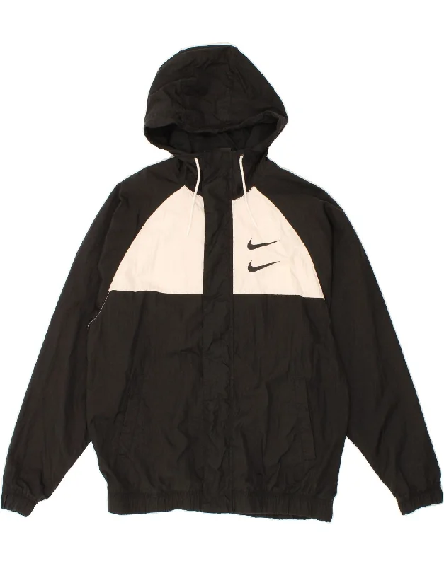 Men's Coats with Hand WarmersNIKE Mens Swoosh Graphic Hooded Rain Jacket UK 38 Medium Black Colourblock Men's Coats with Hand WarmersNIKE Mens Swoosh Graphic Hooded Rain Jacket UK 38 Medium Black Colourblock