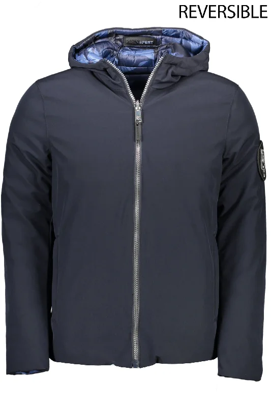 Men's Coats with Removable LiningsReversible Hooded Blue Jacket With Logo Detail