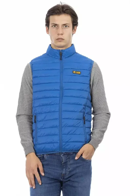 Versatile Men's Pea CoatsBlue Polyester Men Sleeveless Jacket