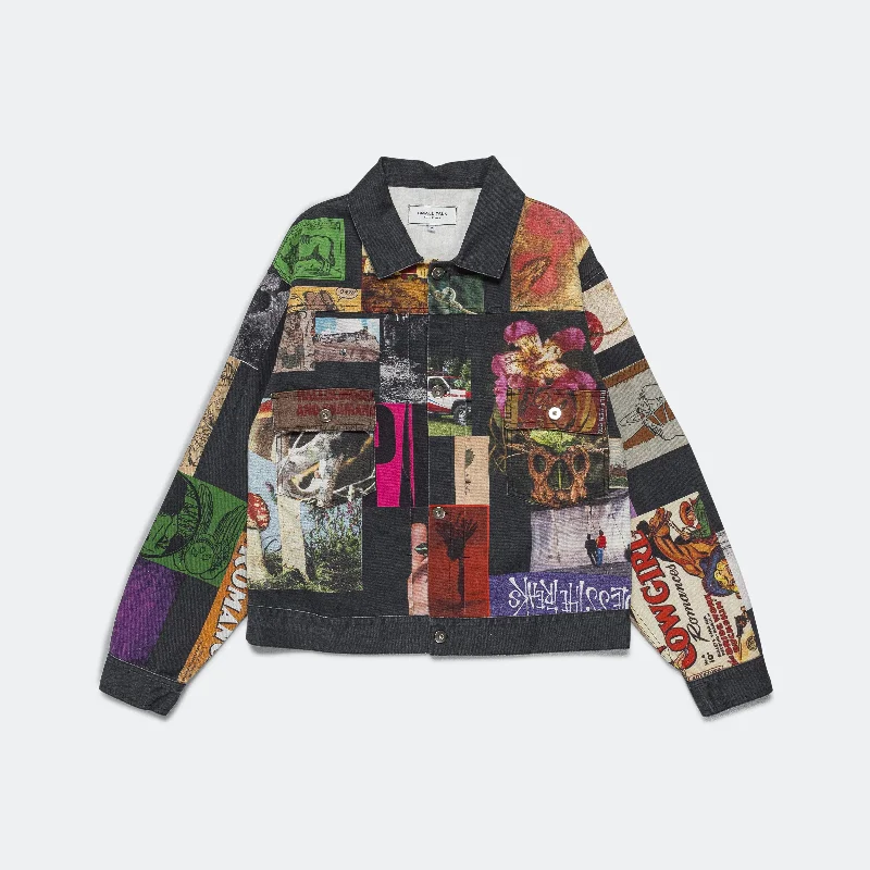Men's Coats with Quick-Dry FabricPrinted Denim Trucker Jacket - Washed Navy/Printed Collage Men's Coats with Quick-Dry FabricPrinted Denim Trucker Jacket - Washed Navy/Printed Collage