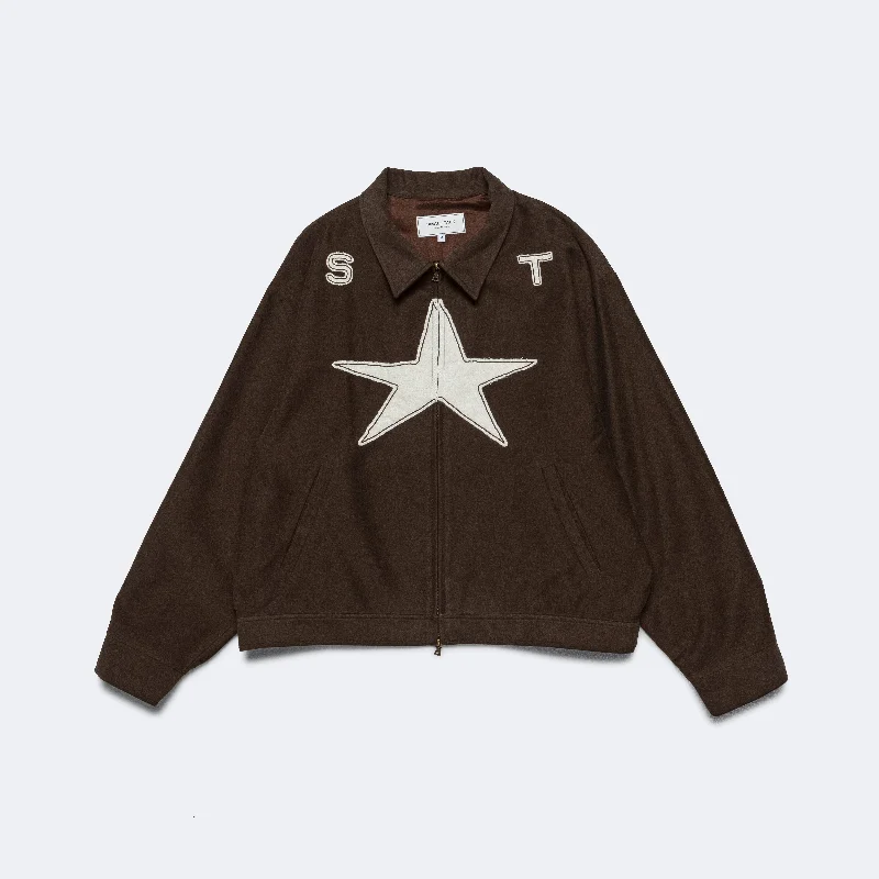 Elegant Men's Wool CoatsZip Front Jacket 'Out To Pasture' Appliqué - Dark Brown