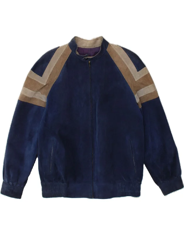 Men's Coats with Hand WarmersVINTAGE Mens Suede Bomber Jacket UK 38 Medium Blue Colourblock Men's Coats with Hand WarmersVINTAGE Mens Suede Bomber Jacket UK 38 Medium Blue Colourblock